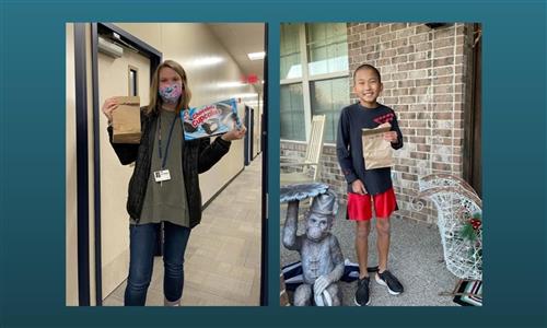A teacher and student hold up a bag with cupcakes 