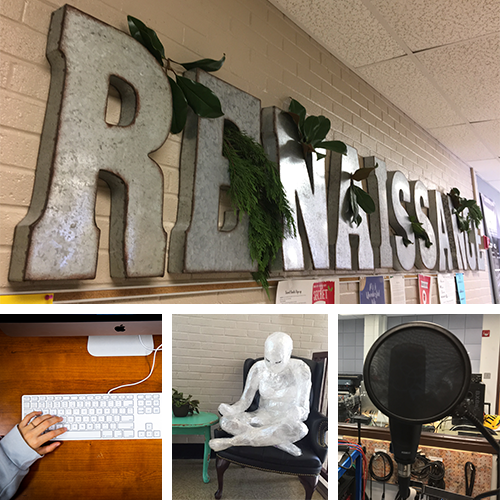 Collage: typing on keyboard, mannequin sitting in chair, microphone in recording booth