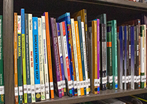 Library books on a bookshelf.