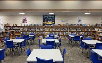 Picture of the EES Library shelves and tables and chairs