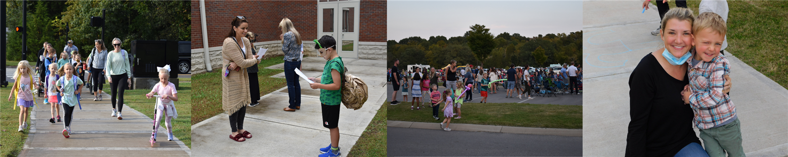 families walking to school, mom listening to son's presentation, families at Movie Night, mom with son on playground