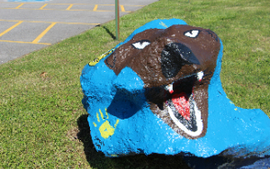  a bruin painted on a big rock